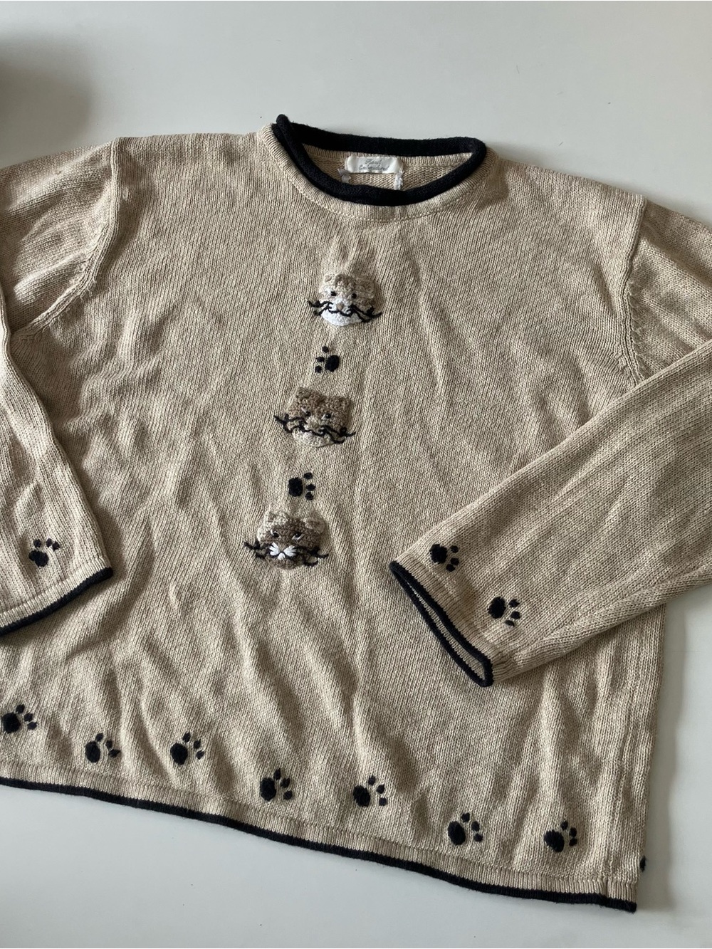 Christopher & Banks Beige Crewneck Sweater with Cat and Paw Embroidery